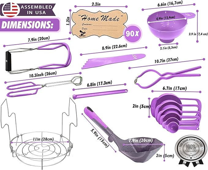 Supa Ant Canning Supplies Starter Kit- Canner Accessories with Canning Rack for Jars, XL Ladle,Wide Mouth Jar Funnel,Jar Lifter and Wrench,Bubble Popper/Measurer,Lid Lifter,Kitchen Tongs (Lavender)