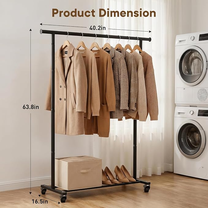 Clothes Rack, Clothing Rack for Hanging Clothes, Rolling Clothes Garmen Rack Coat Rack Portable Wardrobe Rack Metal Closet Rack for Bedroom Laundry Living Room, Black