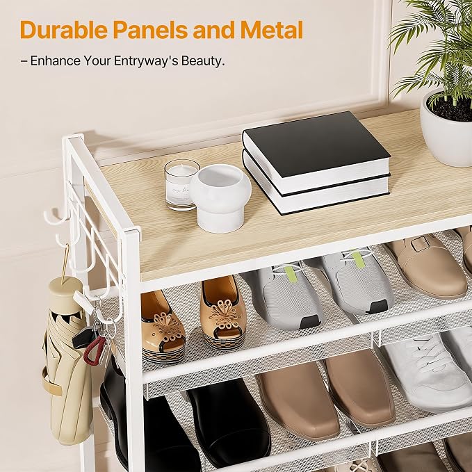 4 Tier Shoe Rack, Shoe Rack for Entryway with Hook, Shoe Organizer with Adjustable Mesh Shelves, Metal Shoe Storage, Closet, Bedroom Living Room Garage