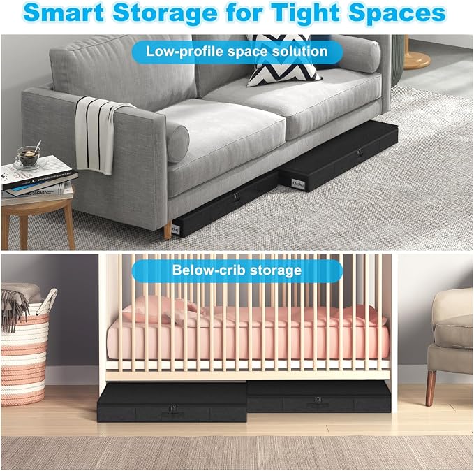 Under Bed Storage Container Bins 4 Pack, 4 Inch Thin Low Profile Underbed Clothes Storage Organizer for Dorm & Home, Use for Blanket and Toy Storage Box W/ Sturdy Bottom/Sides, Foldable Thick Fabric