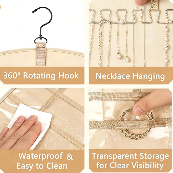 Hanging Jewelry Organizer, Double-Sided Jewelry Organizers and Storage with 48 Pockets and 21 Hooks for Necklaces Earrings Rings, Jewelry Travel Roll Over the Door for Closet Wall (1, White)