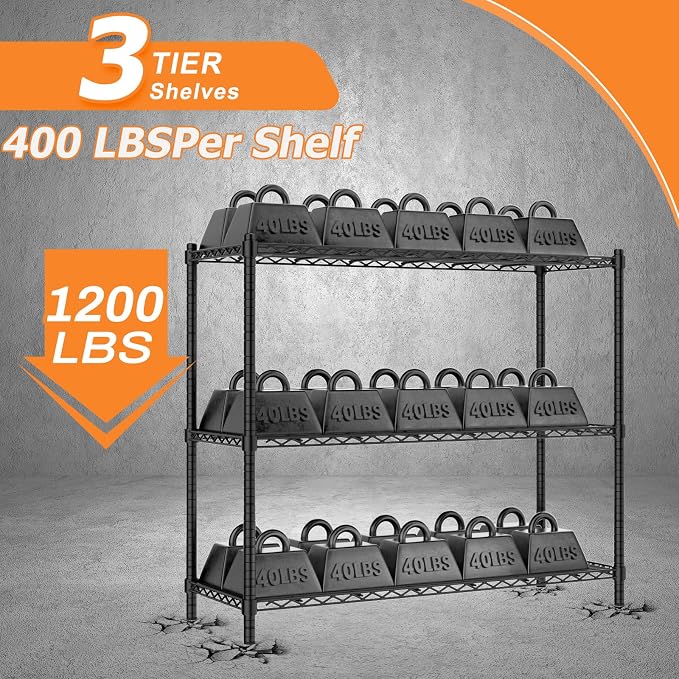 ROOMTEC 3-Tier Wire Shelving Unit,48" W*20" D*47" H,Max Load 1200 lbs | Small Garage Shelves, Heavy Duty Storage Shelf, Adjustable Metal Shelf Rack for Kitchen, Laundry, Pantry, Warehouse, Basement