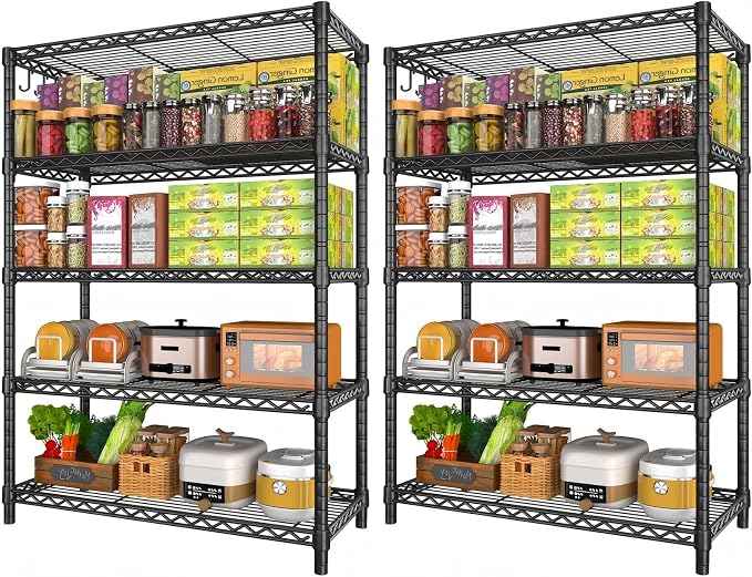 5 Tier Wire Metal Shelving: Adjustable Pantry Storage Shelves, NSF Bakers Rack Heavy Duty Garage Shelving Unit, Utility Shelf Organizer for Closet, Kitchen, 72" H x 36" W x 14" D, 2 PCS