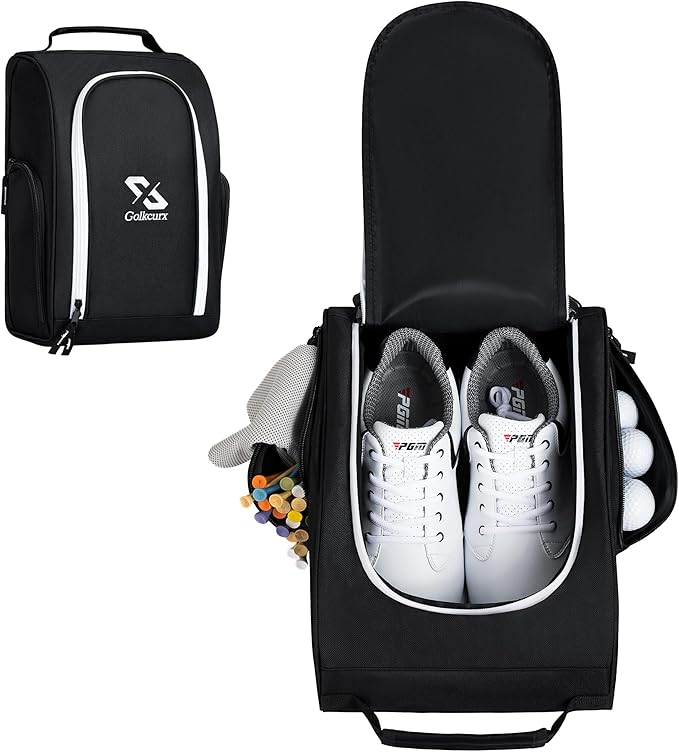 Golkcurx Golf Shoe Bag Travel Sport Shoe Carrier Bags for Men Women, Black | Zippered, Side Accessory Pockets, for Socks, Tees, Golf Balls, Travel Sport Shoe Carrier, Golf Accessories, Golf Gifts