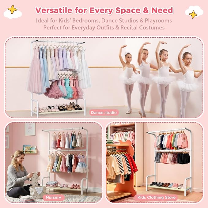 LOVEGRASS Kids Clothing Rack Double Rods for Bedroom Playroom White | Double Rod Design, Powder Coated Steel, Bottom Storage Shelf, for Baby Toddler Clothes, Dress Up, Nursery, Bedroom, Playroom