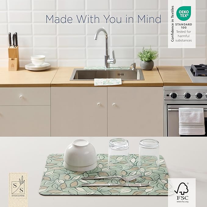 Stitch & Stone Cleaner Set - Perfect for Everday Kitchen Cleaning, 100% Cotton Kitchen Towel, Grip Mat for Dish Drying, Grip Mat for Sink Accessories, & 2 Reusable Dishcloths - Leafy Green