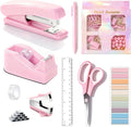 Pink Desk Accessories, Pink Office Supplies Accessories with Tape Dispenser, Stapler, Staple Remover, 1000 Staples, Tape, Clips Set, Ruler, Scissor, Pen