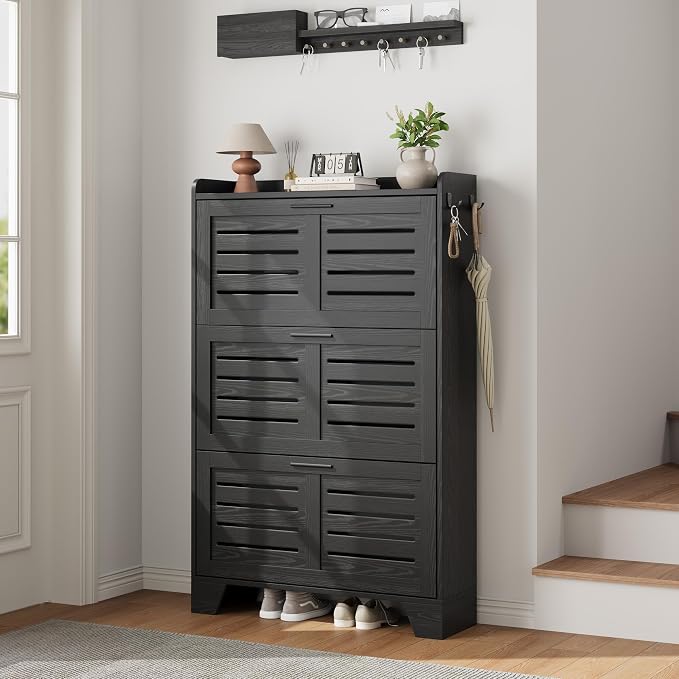 Garvee Shoe Storage Cabinet with 3 Flip Drawers, Freestanding Shoe Organizer Storage for Entryway with 2 Side Hooks, Farmhouse Hidden Slim Narrow Shoe Rack Cabinet, Black