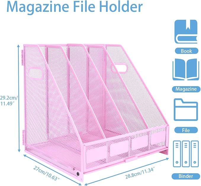 Desk Organizers Metal Magazine File Holder Racks Desktop Folder Storage Binder Organiser Document Organization for Home Office & Classroom,4 Vertical Compartments-Pink