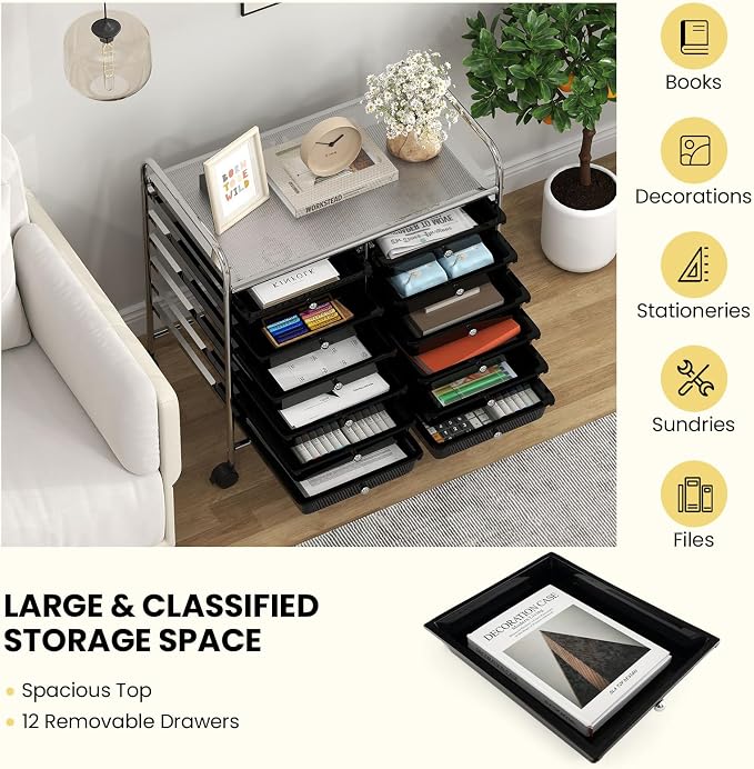 LDAILY 12 Drawer Rolling Storage Cart, Craft Cart Organizer on Wheels w/Metal Frame, Large Capacity & Smooth Drawer, Rolling Cart w/Drawers for Classroom, Office