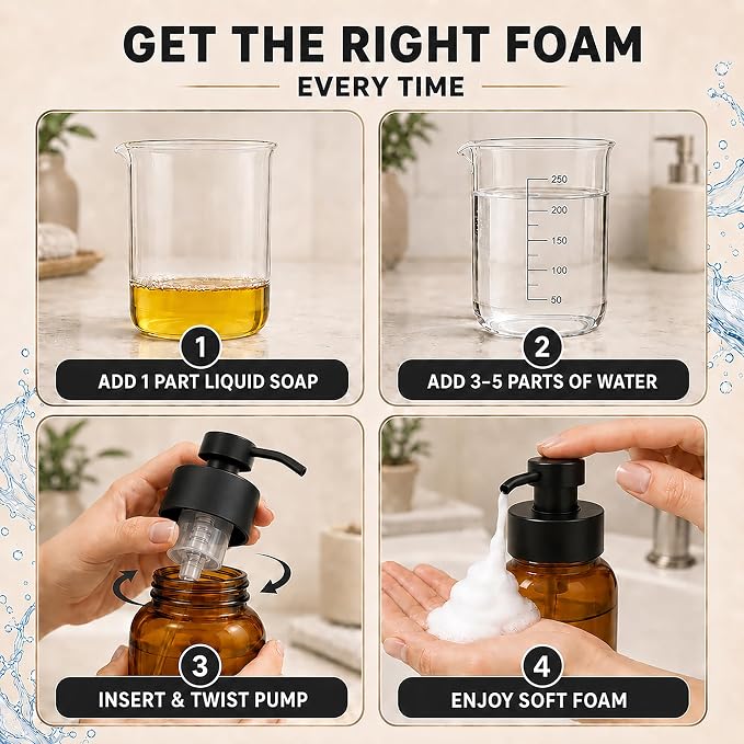 2 Pcs Amber Glass Foaming Soap Dispenser - 8.5 Oz Refillable Glass Foaming Hand Soap Dispenser, Non-Slip Bottom, 6 Moisture-Resistant Labels - Elegant Pump Bottles for Bathroom & Kitchen Counter Decor