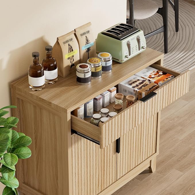 Vabches Fluted Sideboard Buffet Cabinet with Storage, 32" Coffee Bar Console Table with Drawer, Fluted Doors & Adjustable Shelf, Wood Small Buffet Cabinet for Living Room, Kitchen Dining Room, Oak