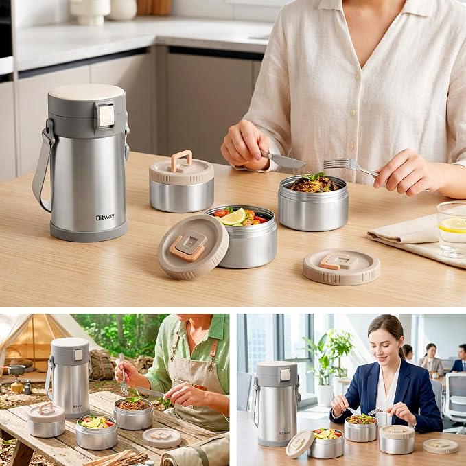 77oz Stainless Steel Insulated Food Jar, 3 Tier Stackable Bento Lunch Box, Vacuum Thermal Food Container for Hot Food, Soup Thermos with Insulated Bag for Work, Travel, Outdoor (77 oz Silver)