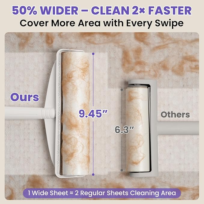 DELOMO 9.45” Large Lint Roller for Pet Hair, Short Handle for Couches | Extra-Wide Sticky Roller, 450 Extra Sticky Sheets, Cleans Faster on Sofa, Beds, Carpets, Clothing, Furniture & Car Seats