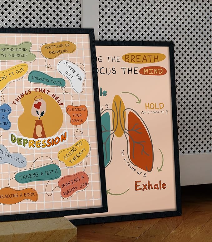 LOLUIS Mental Health Poster, Boho Therapy Tools Educational Supplies Art Print Classroom School Office Decor (Help Depression, Custom Frame Type)