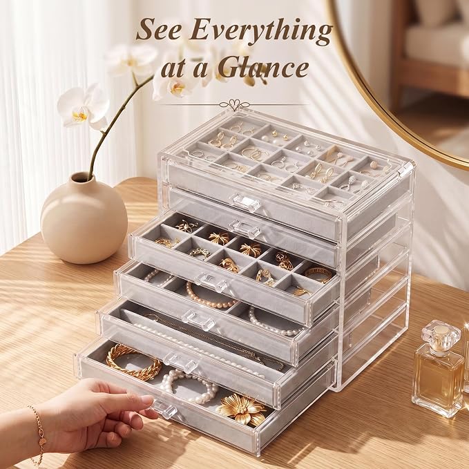 Clear Jewelry Organizer Earring Holder Organizer, Jewelry Box with 6 Drawers Clear Acrylic Stackable Earring Case with Adjustable Velvet Trays for Women and Girls, Grey
