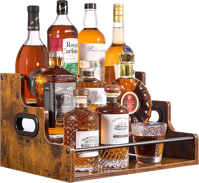 YQBRAO Liquor Bottle Display Shelf, 3-Tier Bar Shelves for Liquor Whiskey, Spirits, Coffee Syrup Rack Organizer with Handles & Metal Guardrail, Bar Bottle Stand for Home, Kitchen, Cafe