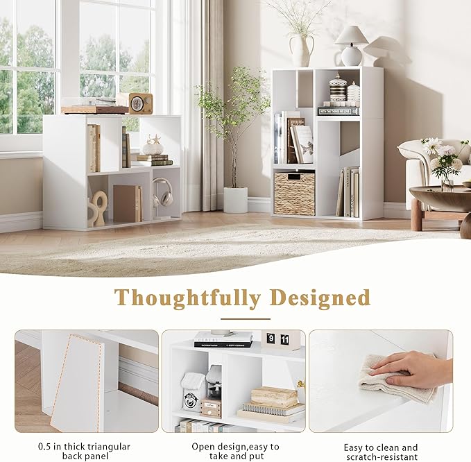 MapleGrace 6 Cube Storage Organizer, Wooden Storage Shelves Bookcase with Back Panels, Stackable Display Bookshelf Includes 2 Wicker Baskets for Living Room, Bedroom, Study, Hallway, White