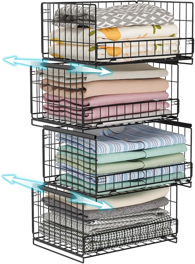 Hongtamoya 4-Tier Sliding Closet Organizers and Storage Shelves, Stackable Closet Shelf Organizer Basket Bins, Drawer Shelf Storage Container for Wardrobe Cupboard Kitchen Bathroom Office, Black
