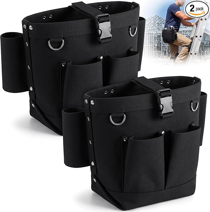 2 Pcs Tool Pouches 6" x 6" x 9", Small Tool Bags with Front Pocket, Tunnel Connection Double Reinforced Bottom, Belt Strap Connect, Bull Pin Loops for Spud Wrenches, Bolts & Outdoor Work