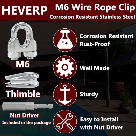 10Pcs M6 1/4 Inches Stainless Steel Wire Rope Clips Cable Clamp,5PCS Thimbles