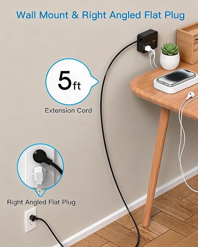 Power Strip Surge Protector, Extension Cord with 8 Widely Spaced AC Outlets & 4 USB Ports (2 USB C), 5 Ft Heavy Duty Round Power Cord, 1080 Joules, Wall Mount Charging Station for Home Office Desk