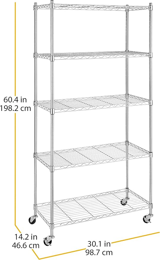 Whitmor 5 Tier Shelving Unit, Adjustable Storage Shelves with Wheels, 400 lbs Capacity per Shelf, Max 2000 lbs Total for Pantry, Kitchen, Garage, 30" L x 14" W x 60" H, Chrome