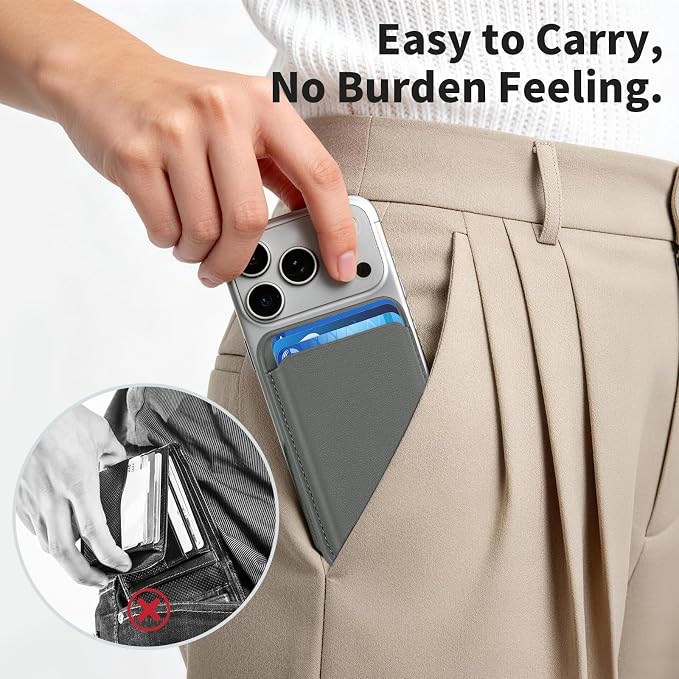 Magnetic Wallet Phone Card Holder for Phone Case with Mag-Safe, Stronger Magnetic RFID Leather Phone Wallet Stick on Series of iPhone 17/16/15/14/13/12 and Pro/Promax, Smoky Gray