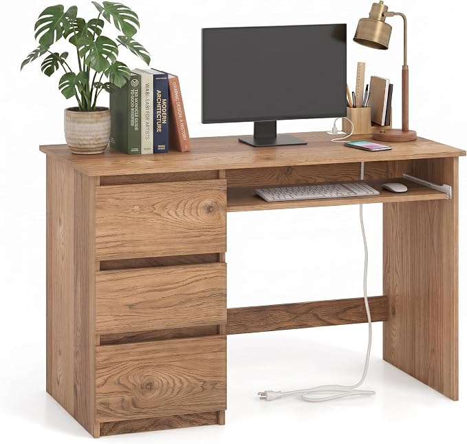 DREAMADE 42" Computer Desk with 3 Drawers and Keyboard Tray, Natural | Wood Study Desk with Storage, Built-in Charging Station & Slide Out Tray, Writing Table for Home Office Studyroom & Bedroom