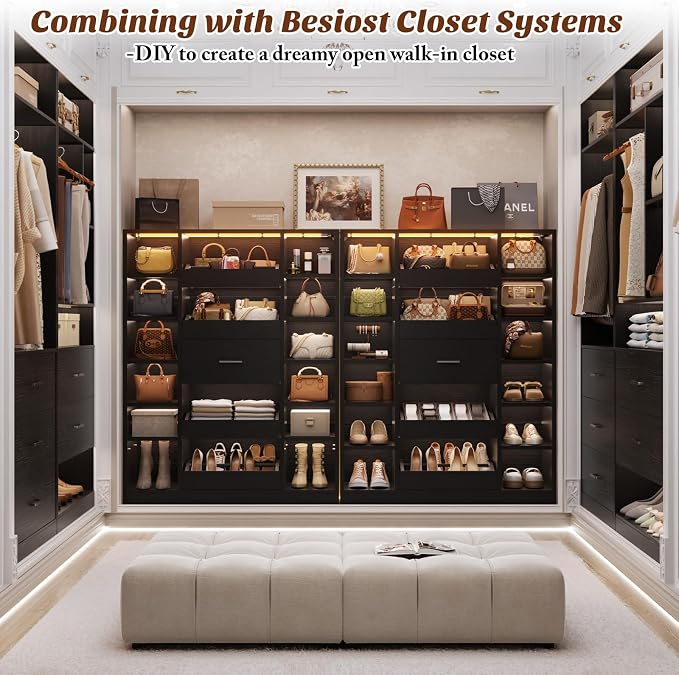 Besiost 40" Closet System with LED Lights, Wooden Closet Organizer with Drawers & Shelves, Versatile Closet Storage Tower for Walk-in Closets, Shoe Rack and Handbag Storage Cabinet, Black