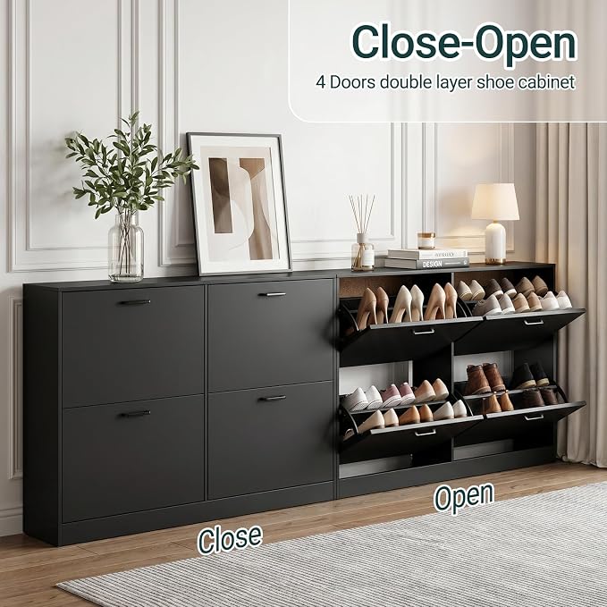 Shoe Cabinet with 4 Flip Drawers, Narrow Freestanding Shoe Organizer, Hidden Slim Freestanding Shoe Storage Cabinet for Entryway,Hallway, Living Room, Black