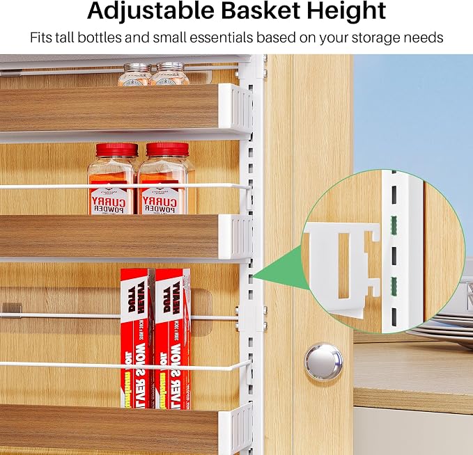 SNTD 8 Tiers Over the Door Organizer - Height Adjustable Pantry Organizers and Storage with Dense Mesh Baskets, Anti-Swing Hanging Door Spice Rack for Kitchen Bathroom (Walnut, 17" W x 6" D x 69" H)