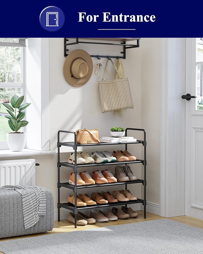 Kitsure Shoe Rack for Closet, Shoe Organizer for Front Door Entrance, Stackable Shoe Shelf, Detachable Closet Organizers and Storage, 26.6" Wide - 4 Tiers, Black | Closet, Front Door Entrance, Entryway, Stackable & Detachable Shelf, Closet Organizers a...