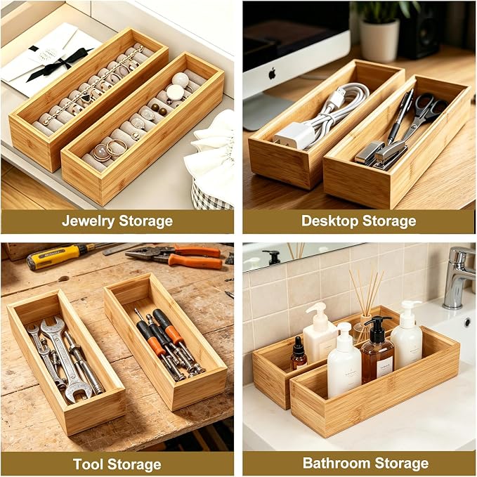 Bamboo Drawer Organizer Set of 2 for Kitchen Drawers, Small Stackable Drawer Organizer for Silverware, Utensils, Cutlery, Flatware, Junk Drawer, Dresser, Bathroom, 9" x 3" x 2"