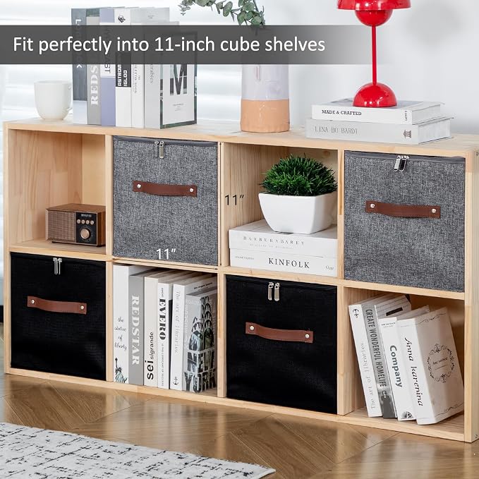 2PCS Storage Cubes with Zippered Lids Fabric Storage Bins Boxes | with 3 PU Leather Handles Cotton Linen Decorative Foldable Washable Lidded Shelf Closet Organizer Container (Gray, 11 Inch)