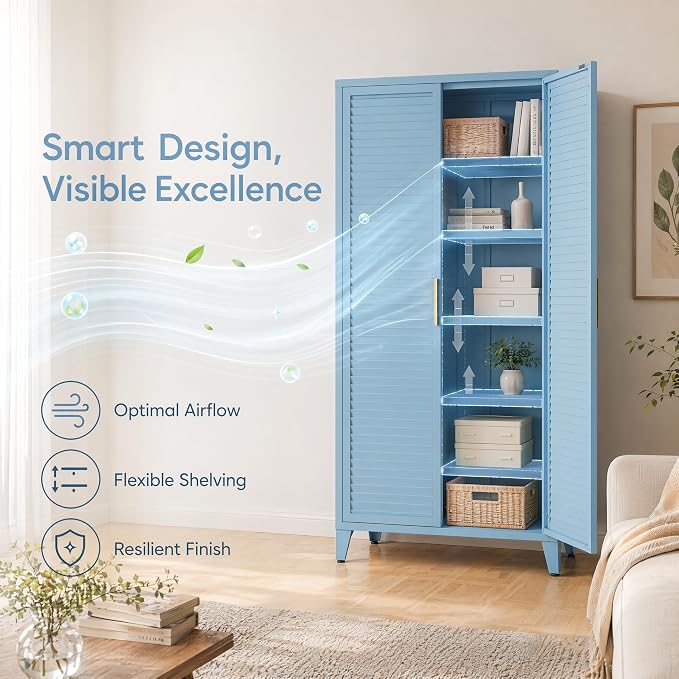Blue Metal Storage Cabinet with Doors Pantry Cabinet with 3 Adjustable Shelves, 61" Tall Steel Kitchen Storage Locker for Kitchen Living Room Bedroom Home Bathroom