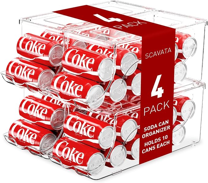 SCAVATA 4 Pack Stackable Refrigerator Organizer, Soda Can Dispenser Pop Cans Container Beverage Holder with Lid for Fridge, Freezer, Kitchen, Clear Plastic Storage Bins-Holds 10 Cans Each