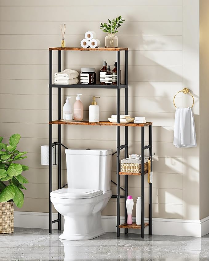CHOEZON Over The Toilet Storage, 6-Tier Bathroom Organizer Shelf | Over Toilet Storage Cabinet with Toilet Paper Hook, Space Saving, for Bathroom, Laundry, Rustic Brown and Black TTS02BF