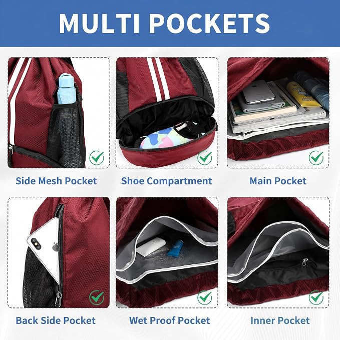 JELUTAR Drawstring Backpack Gym Bag with Shoes Compartment, Burgundy | Water-Resistant String Backpack for Soccer, Basketball, Swim, Beach Cinch for Women Men,18 L Large Capacity, Wet Pocket