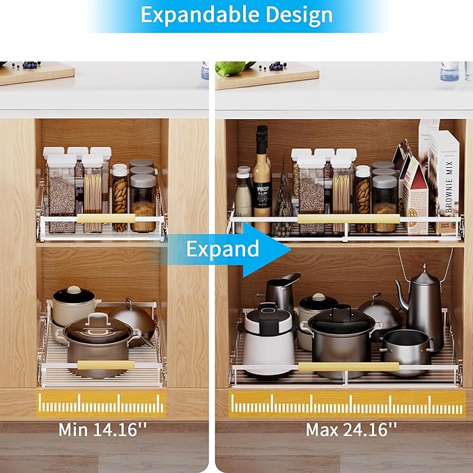Expandable Pull Out Drawer Cabinet Organizer, Adjustable Width Bottom-Mounted Slide Out Storage Shelves for Cabinets, Required Cabinet Size (14.16"~24.36", D≥17.3"), 1 Pack, Stainless Steel