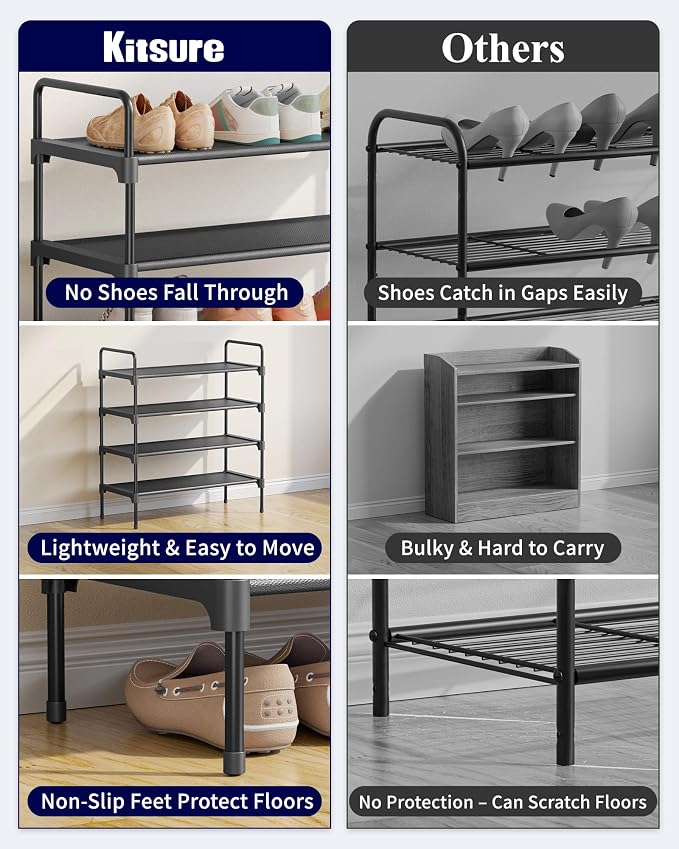 Kitsure Shoe Rack for Closet, Shoe Organizer for Front Door Entrance, Stackable Shoe Shelf, Detachable Closet Organizers and Storage, 26.6" Wide - 4 Tiers, Black | Closet, Front Door Entrance, Entryway, Stackable & Detachable Shelf, Closet Organizers a...