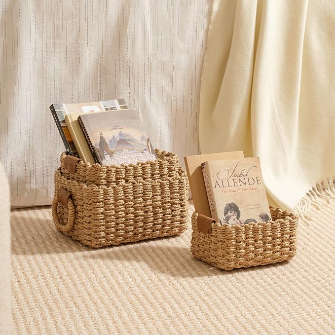 LA JOLIE MUSE Small Wicker Baskets, 3 Pack Paper Rope Storage, Desert | Decorative Small Baskets, Faux Leather Tag, Round Handle, Organizer for Shelves Bedroom Kitchen Office
