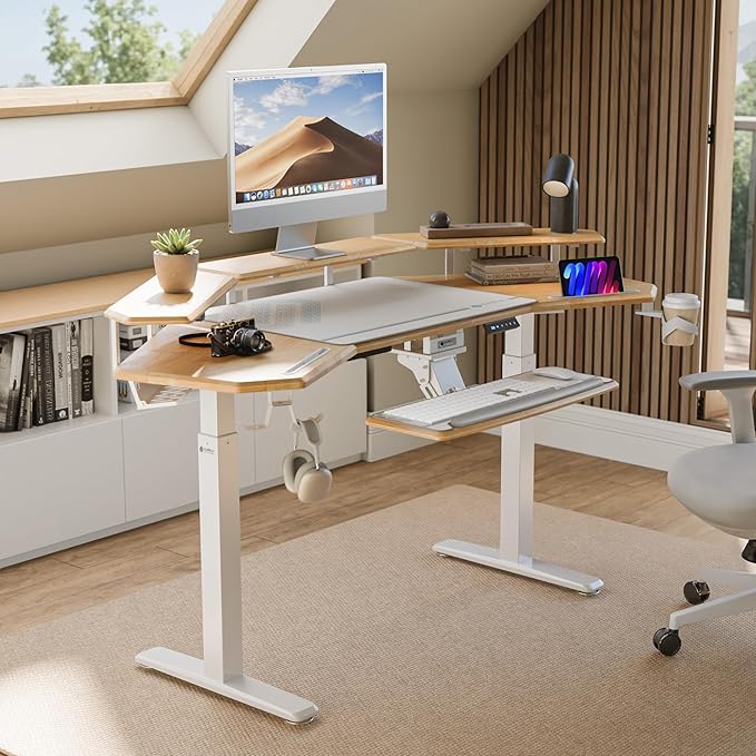 EUREKA ERGONOMIC Solid Wood Top Gaming Desk with Keyboard Tray, 72" Wing Shaped Music Studio Table with LED Shelves, Heavy Duty Gaming Recording Live Stream Desk, Cable Slot Design