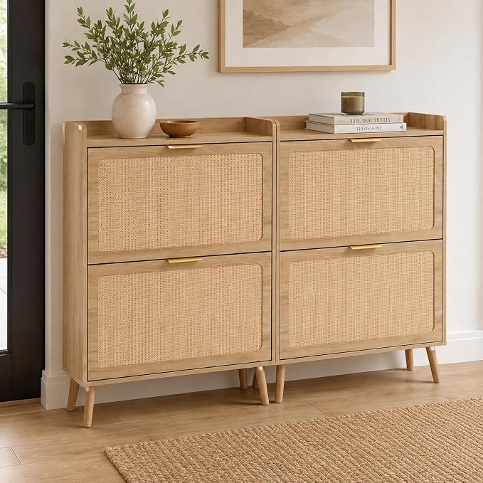 Shoe Storage Cabinet for Entryway, Slim Freestanding Rattan Shoe Cabinet with 3 Flip Drawers, Hidden Shoe Organizer Cabinet, Narrow Shoe Rack , Farmhouse Design (2 Flip Drawer - Breathe Rattan)