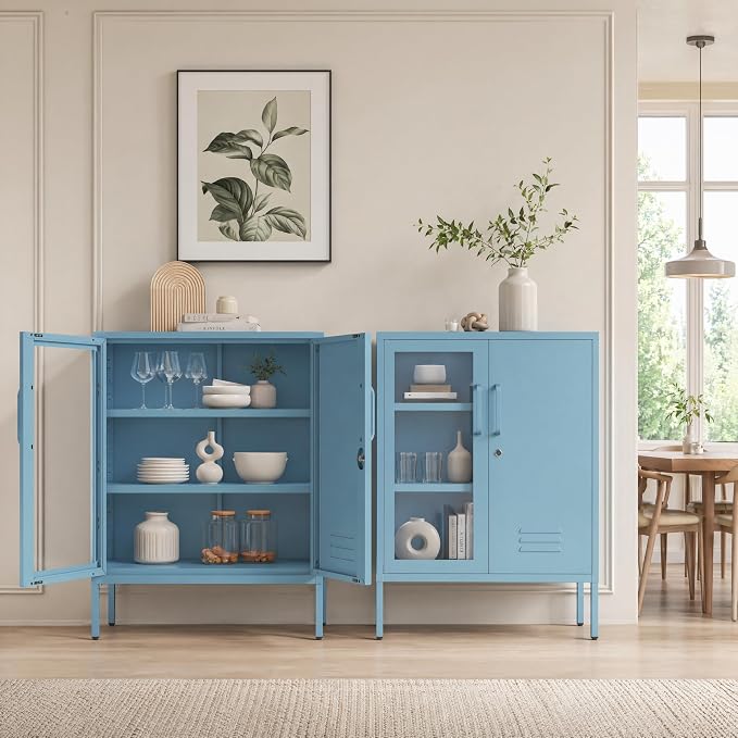Lockable Metal Storage Cabinet Locker Adjustable Shelves, Multifunctional Versatile Storage Lockers, Easy Assembly Durable Metal Sideboard Furniture for Bedroom Home Office Blue