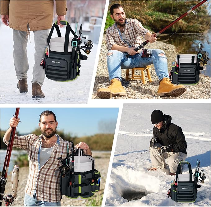 Boomistry Fishing Bucket Organizer for 5 Gallon Bucket, Dark Gray | 15 Multi-Pockets, 4 Built-in Rod Holder Storage, 3 Adjustable Buckles, for All Fishing Gear & Tackle Accessories