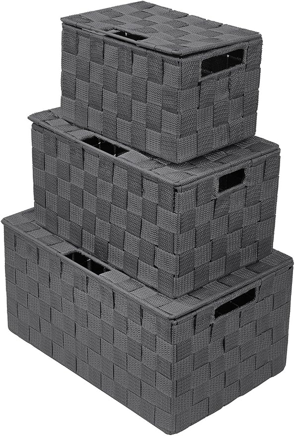 Sorbus Set of 3 Hand-Woven Storage Baskets with Lids – Mesh Organizers for Linen Closet, Shelves, or Home Storage – Variety Pack (Gray)