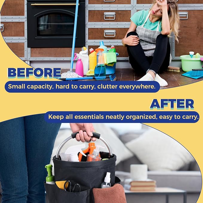 NATGAI Cleaning Caddy with Handle, 17L Foldable Cleaning Supply Caddy, Portable Bucket Organizer with Pockets, Tote Bucket Organizer for Housekeeping, Garden Detailing Caddy, Cleaning Supplies Storage