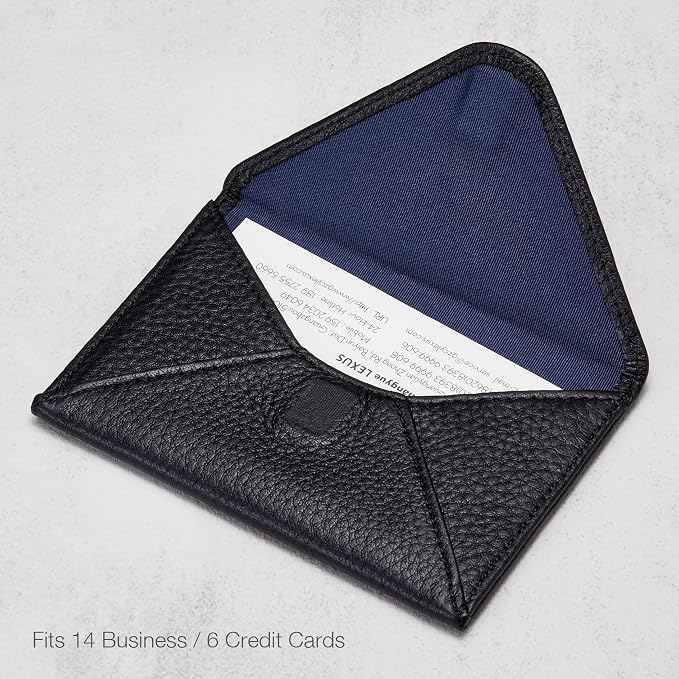 HISCOW Italian Pebbled Leather Business Card Holder, Minimalist Full Grain Envelope Card Case with Hidden Magnetic Closure, 0.19 Inch Slim Front Pocket Wallet for Men and Women, Nero Black