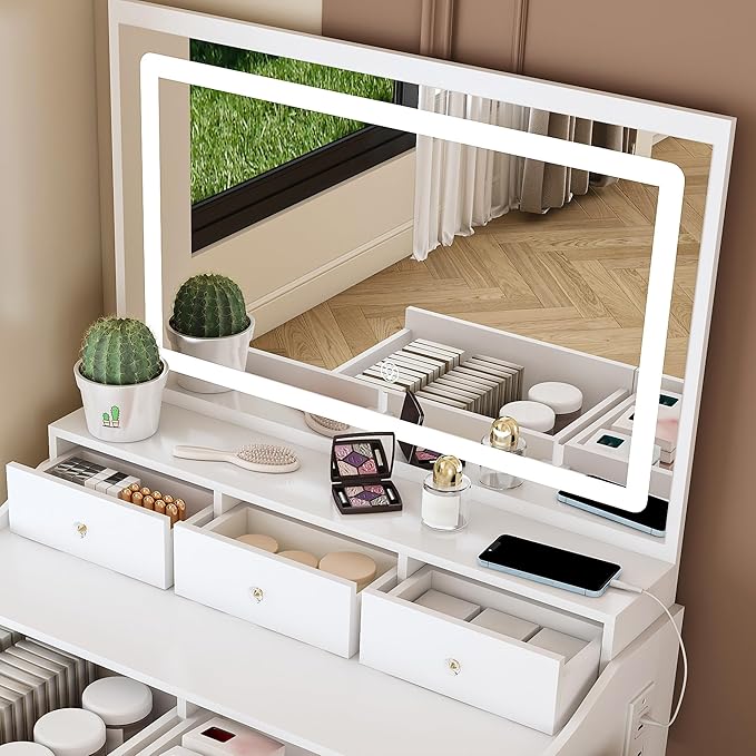 Small Makeup Vanity Desk with Large Mirror and Lights, Vanity Table with 5 Storage Drawer & Open Shelves, 3 Lighting Colors,LED Mirror Adjustable Brightness White Makeup Vanity